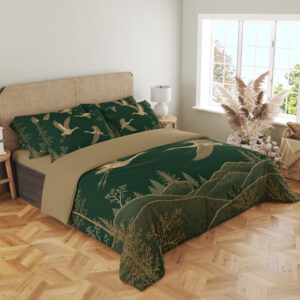 Forest Gold Crane Horizon Bedding Set — angled bedroom view