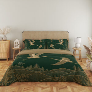 Forest Gold Crane Horizon Bedding Set — full front view