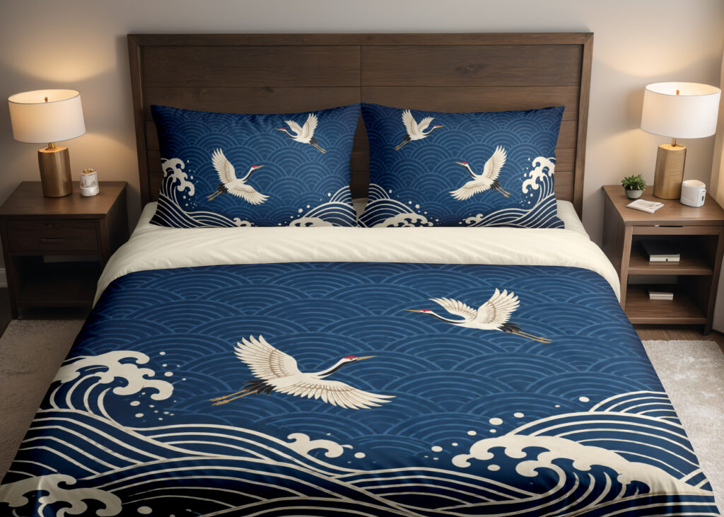 Indigo Crane Seigaiha Bedding Set — front bedroom view