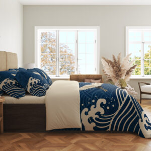 Indigo Crane Seigaiha Bedding Set — side bedroom view