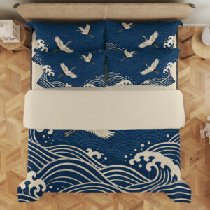 Indigo Crane Seigaiha Bedding Set — overhead view