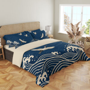 Indigo Crane Seigaiha Bedding Set — angled bedroom view