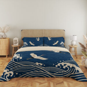 Indigo Crane Seigaiha Bedding Set — full front view