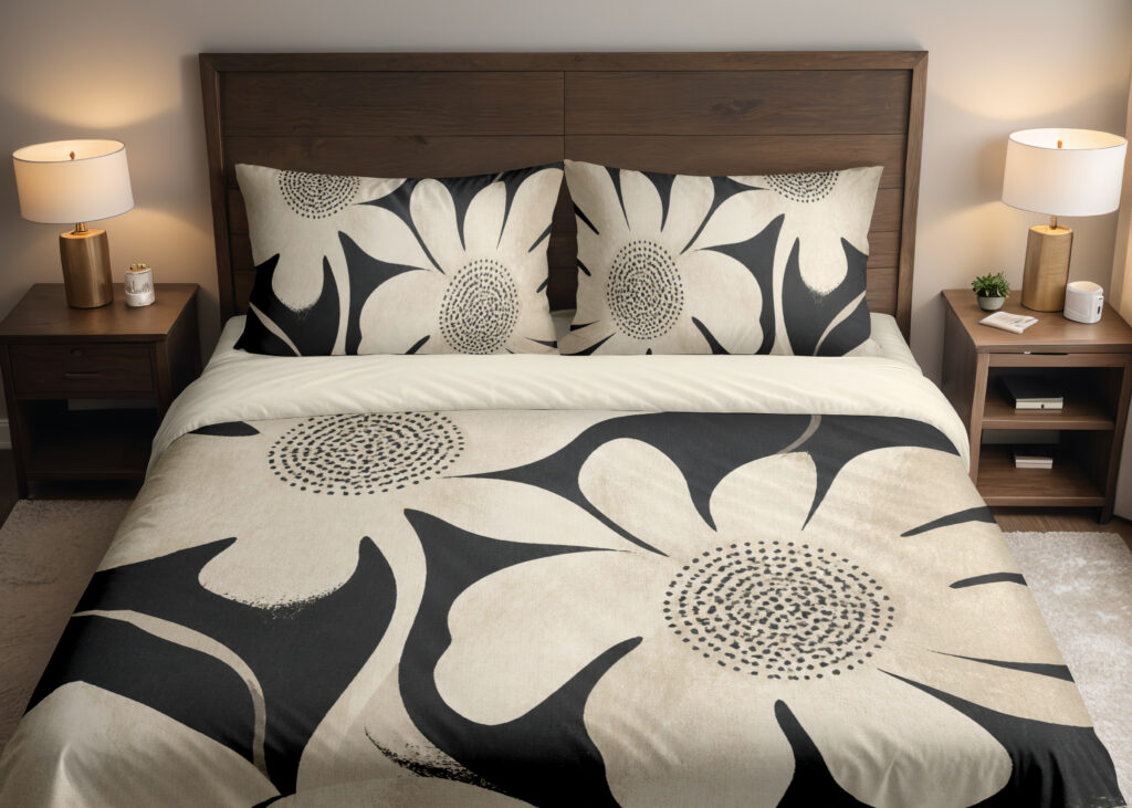 Front close view of charcoal bedding printed with oversized ivory flowers, curved petals and finely dotted centers on the cover and matching pillows.