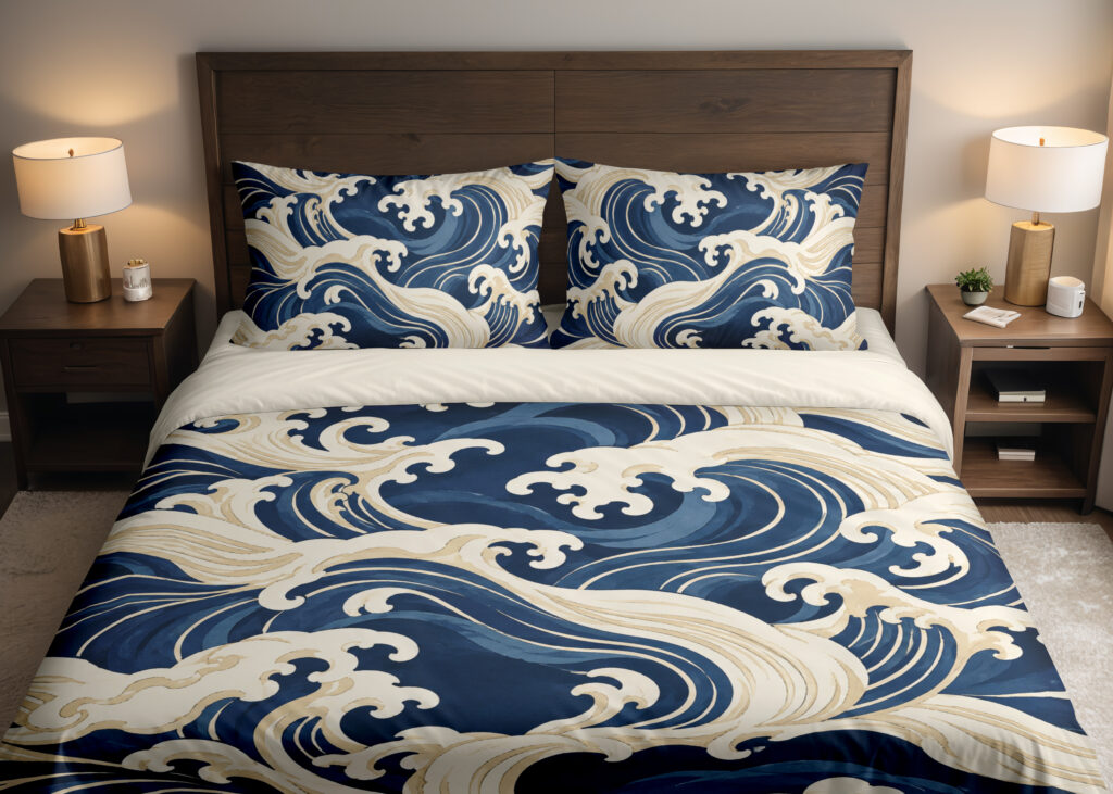 Ivory Indigo Crestwave Bedding Set — front bedroom view