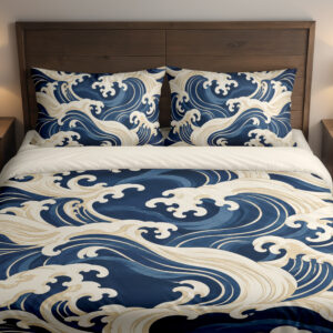 Ivory Indigo Crestwave Bedding Set — front bedroom view