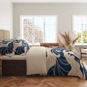 Ivory Indigo Crestwave Bedding Set — side bedroom view