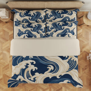 Ivory Indigo Crestwave Bedding Set — overhead view