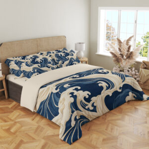 Ivory Indigo Crestwave Bedding Set — angled bedroom view