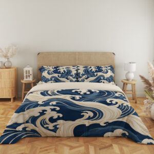 Ivory Indigo Crestwave Bedding Set — full front view