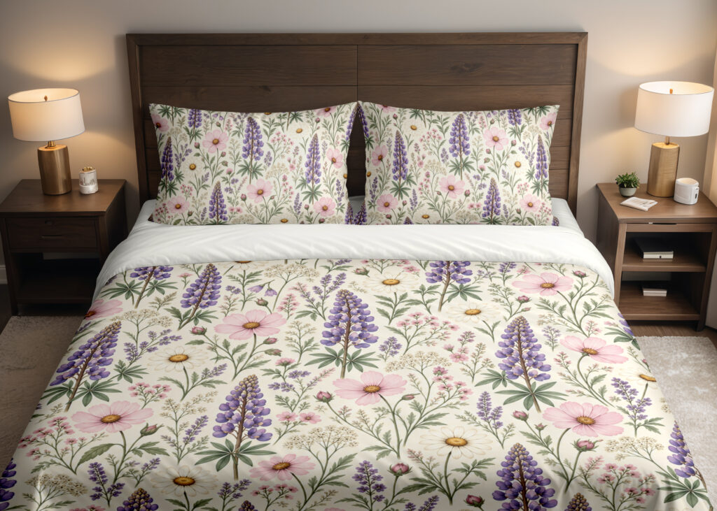 Ivory Lupine Daisy Herbarium Bedding Set with purple lupines, blush flowers and ivory daisies