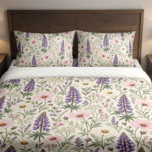 Ivory Lupine Daisy Herbarium Bedding Set with purple lupines, blush flowers and ivory daisies