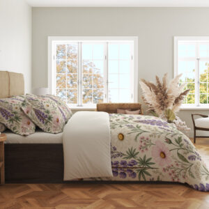 Ivory Lupine Daisy Herbarium Bedding Set - side view with matching pillowcases