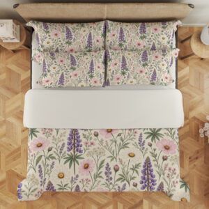 Ivory Lupine Daisy Herbarium Bedding Set - overhead view of duvet cover and pillows