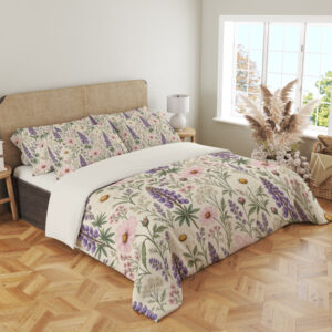 Ivory Lupine Daisy Herbarium Bedding Set - angled bedroom view