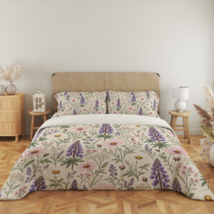 Ivory Lupine Daisy Herbarium Bedding Set - front bedroom view