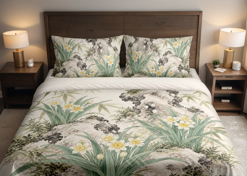 Ivory Narcissus Stonegarden Bedding Set with yellow narcissus, sage leaves and ink-wash stones