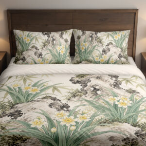 Ivory Narcissus Stonegarden Bedding Set with yellow narcissus, sage leaves and ink-wash stones