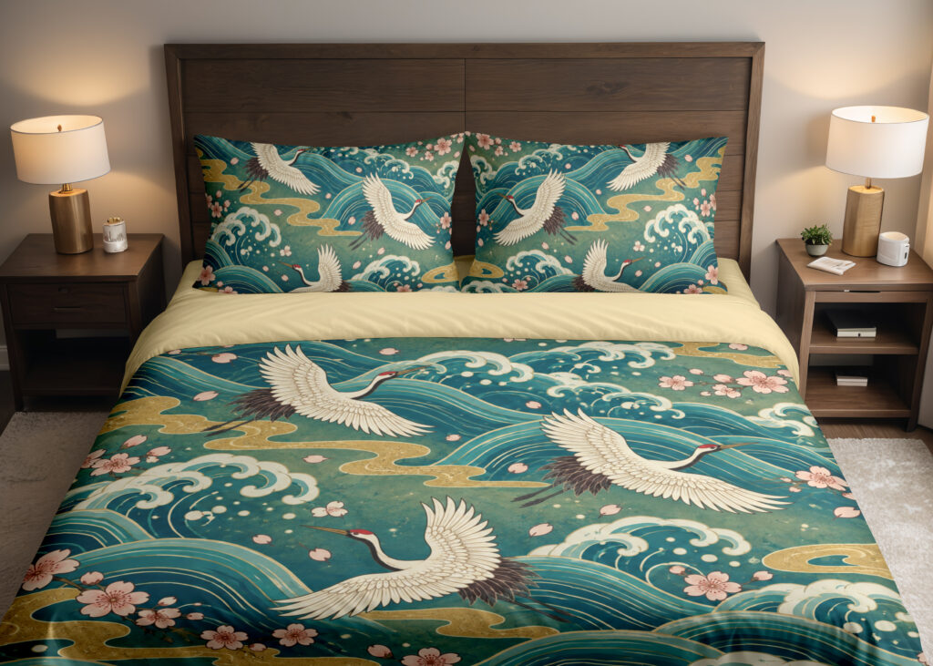 Jade Crane Sakura Tide Bedding Set — front bedroom view