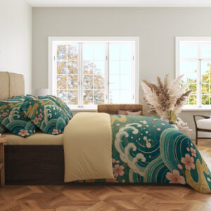 Jade Crane Sakura Tide Bedding Set — side bedroom view