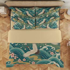 Jade Crane Sakura Tide Bedding Set — overhead view