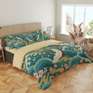 Jade Crane Sakura Tide Bedding Set — angled bedroom view