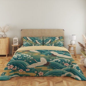 Jade Crane Sakura Tide Bedding Set — full front view