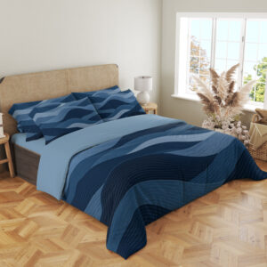 Midnight Blue Contour Dunes Bedding Set — angled bedroom view