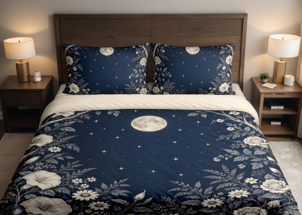 Midnight Moonflower Arbor Bedding Set with navy moon and ivory floral artwork — front view with dark wood headboard