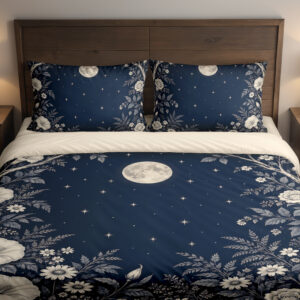 Midnight Moonflower Arbor Bedding Set with navy moon and ivory floral artwork — front view with dark wood headboard