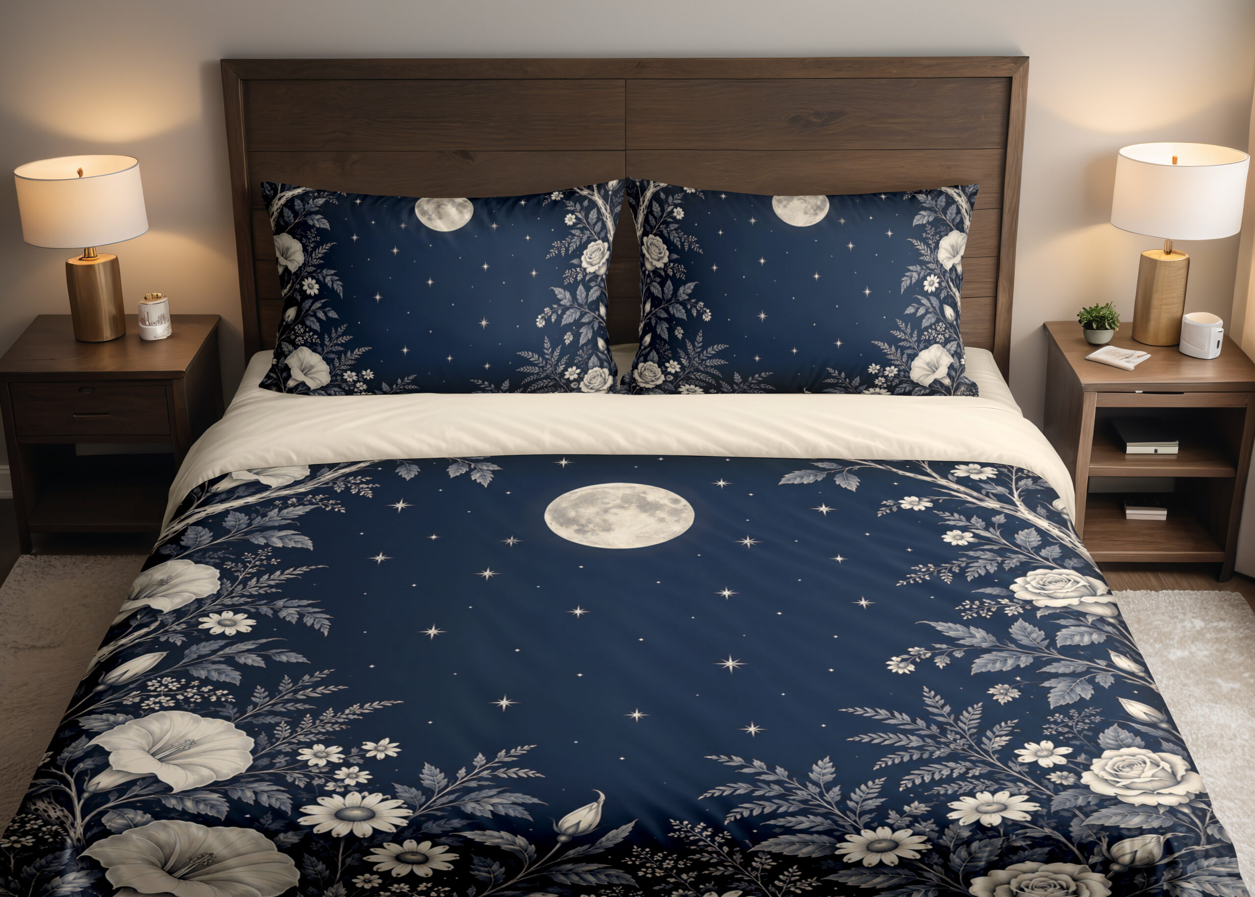 Midnight Moonflower Arbor Bedding Set with navy moon and ivory floral artwork — front view with dark wood headboard