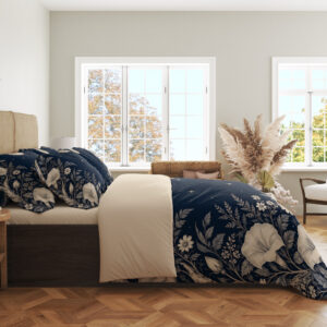 Midnight Moonflower Arbor Bedding Set with navy moon and ivory floral artwork — side view beside bright bedroom windows
