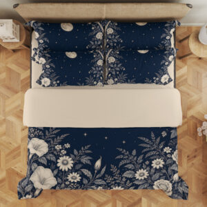 Midnight Moonflower Arbor Bedding Set with navy moon and ivory floral artwork — overhead view showing the bedding layout