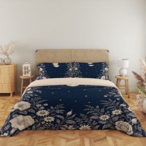 Midnight Moonflower Arbor Bedding Set with navy moon and ivory floral artwork — front view with an upholstered headboard