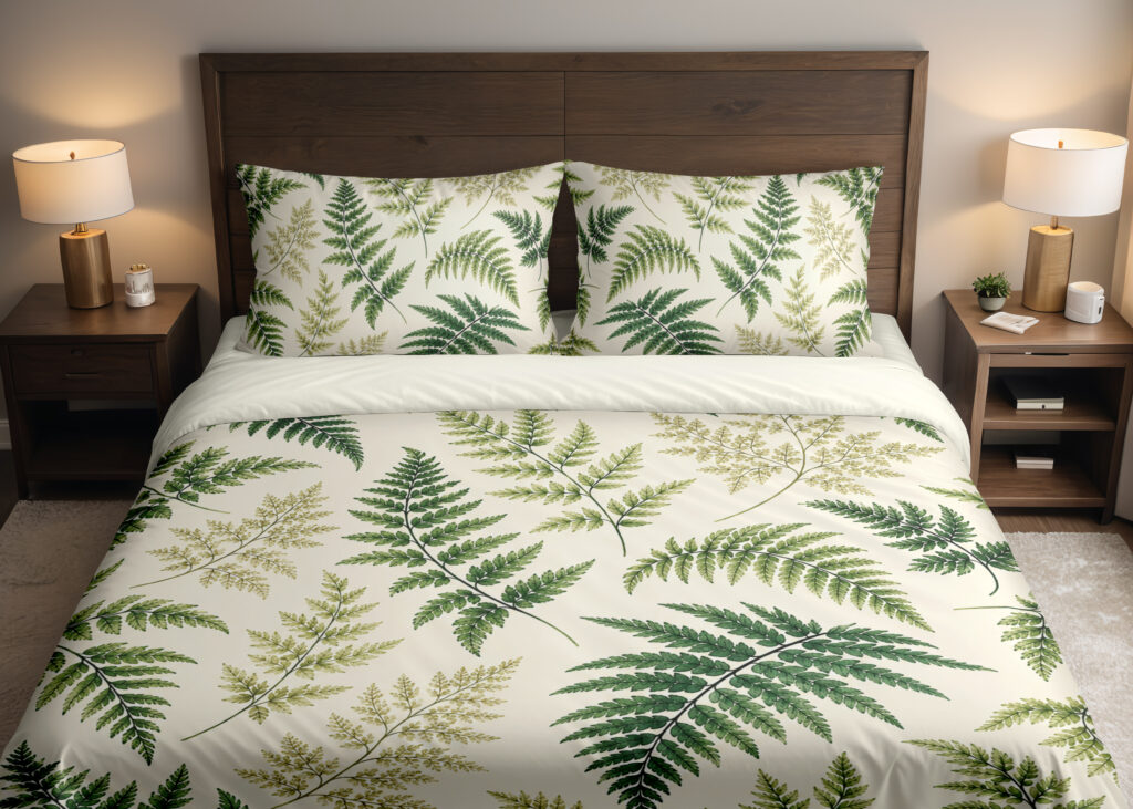 Moss Fern Daylight Bedding Set with forest green and olive fern leaves on ivory