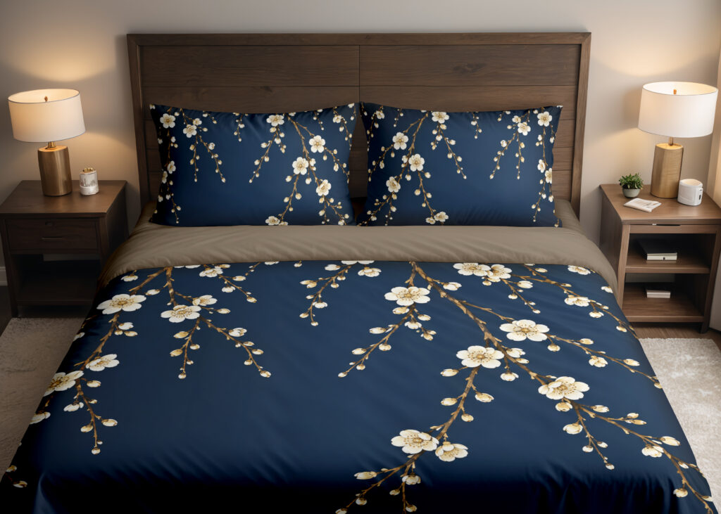Navy Plum Blossom Cascade Bedding Set — front bedroom view