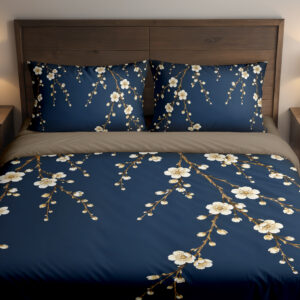 Navy Plum Blossom Cascade Bedding Set — front bedroom view