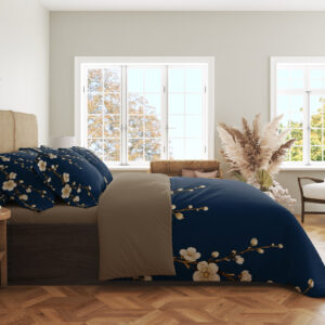 Navy Plum Blossom Cascade Bedding Set — side bedroom view