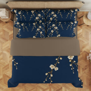Navy Plum Blossom Cascade Bedding Set — overhead view