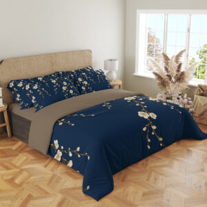 Navy Plum Blossom Cascade Bedding Set — angled bedroom view