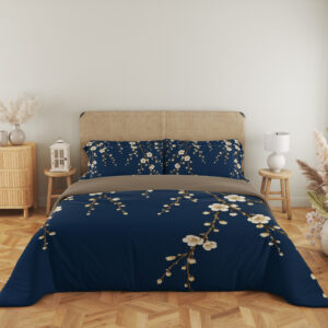 Navy Plum Blossom Cascade Bedding Set — full front view