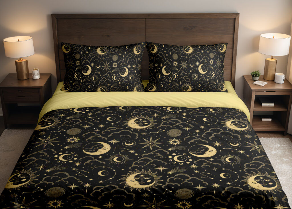Obsidian Lunar Almanac Bedding Set with black and antique-gold celestial artwork — front view with dark wood headboard