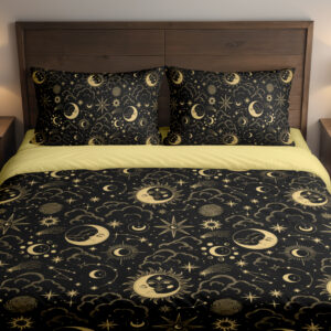 Obsidian Lunar Almanac Bedding Set with black and antique-gold celestial artwork — front view with dark wood headboard