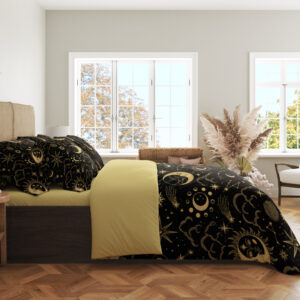Obsidian Lunar Almanac Bedding Set with black and antique-gold celestial artwork — side view beside bright bedroom windows