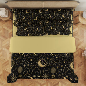 Obsidian Lunar Almanac Bedding Set with black and antique-gold celestial artwork — overhead view showing the bedding layout