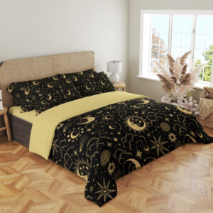 Obsidian Lunar Almanac Bedding Set with black and antique-gold celestial artwork — angled view in a light neutral bedroom