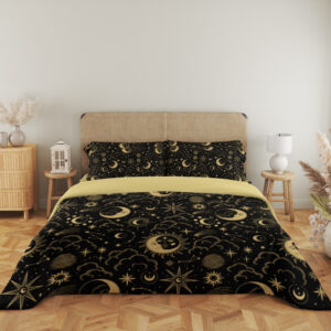 Obsidian Lunar Almanac Bedding Set with black and antique-gold celestial artwork — front view with an upholstered headboard
