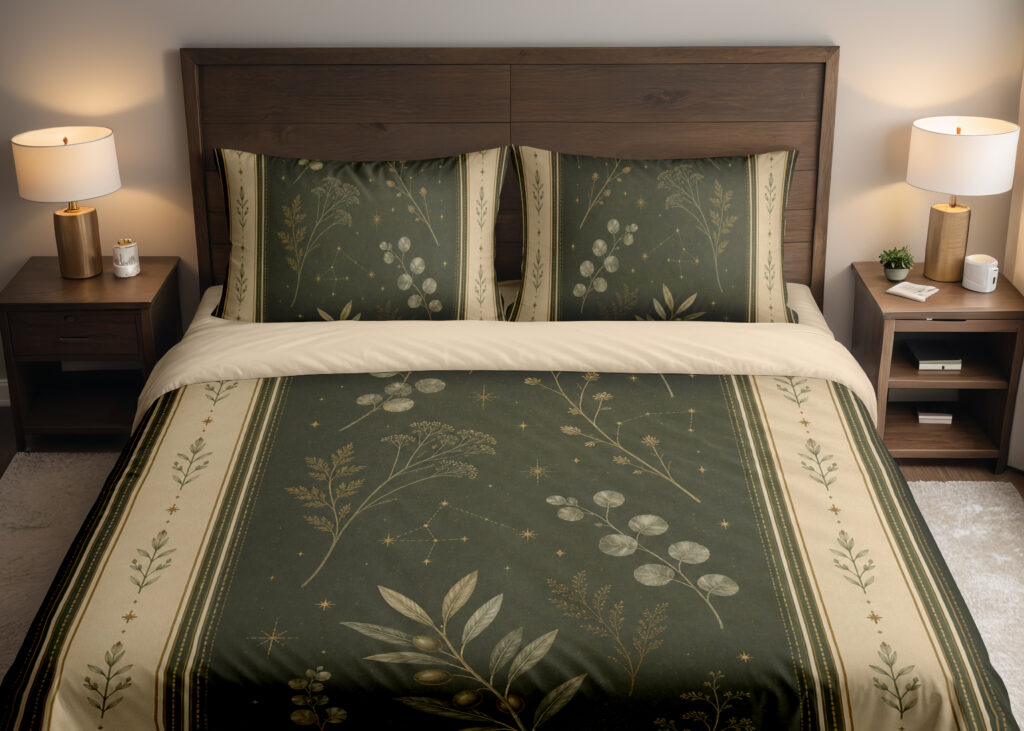 Front close view of olive bedding printed with pale botanical sprigs and tiny star-like marks, framed by cream borders with small leaf motifs on the cover and matching pillows.