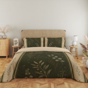 Full front view of olive bedding printed with pale botanical sprigs and tiny star-like marks, framed by cream borders with small leaf motifs beneath a beige headboard.
