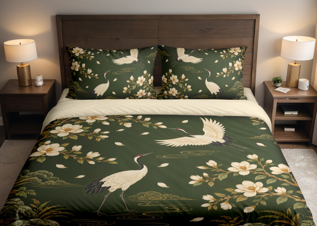 Olive Magnolia Crane Garden Bedding Set — front bedroom view